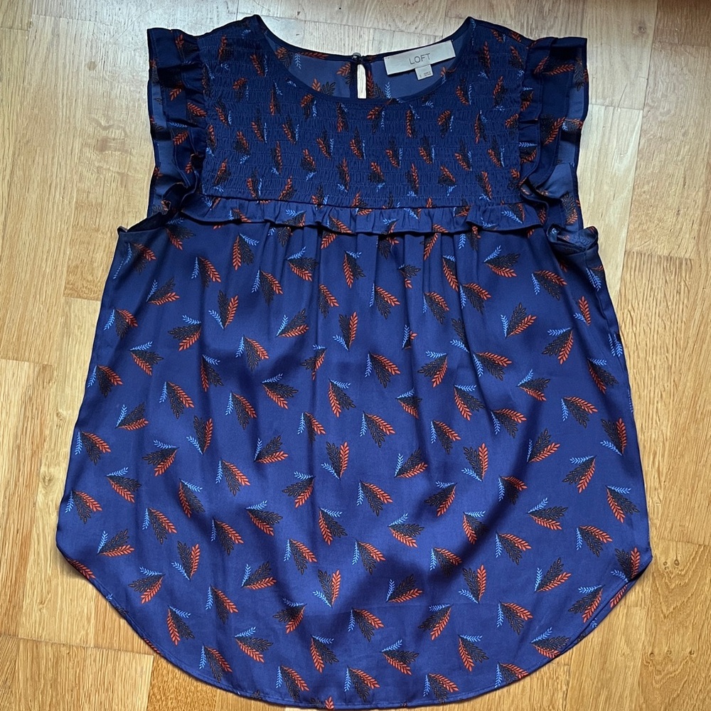 LOFT Navy and Red Blouse with Leaf Pattern